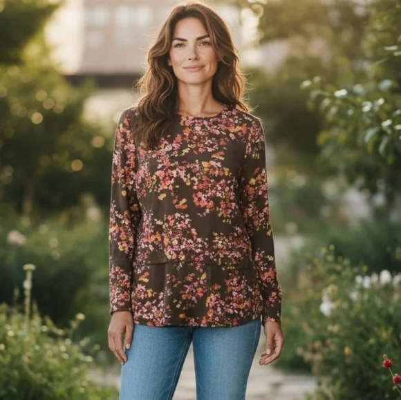 J. Jill Floral Watercolor Layered Tunic Top Size S Long Sleeve Cotton Blend WT53 - Picture 1 of 10